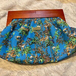Lilly Pulitzer Bermuda Clutch Bag Wood Handle Blue Thistle Tiger Queen